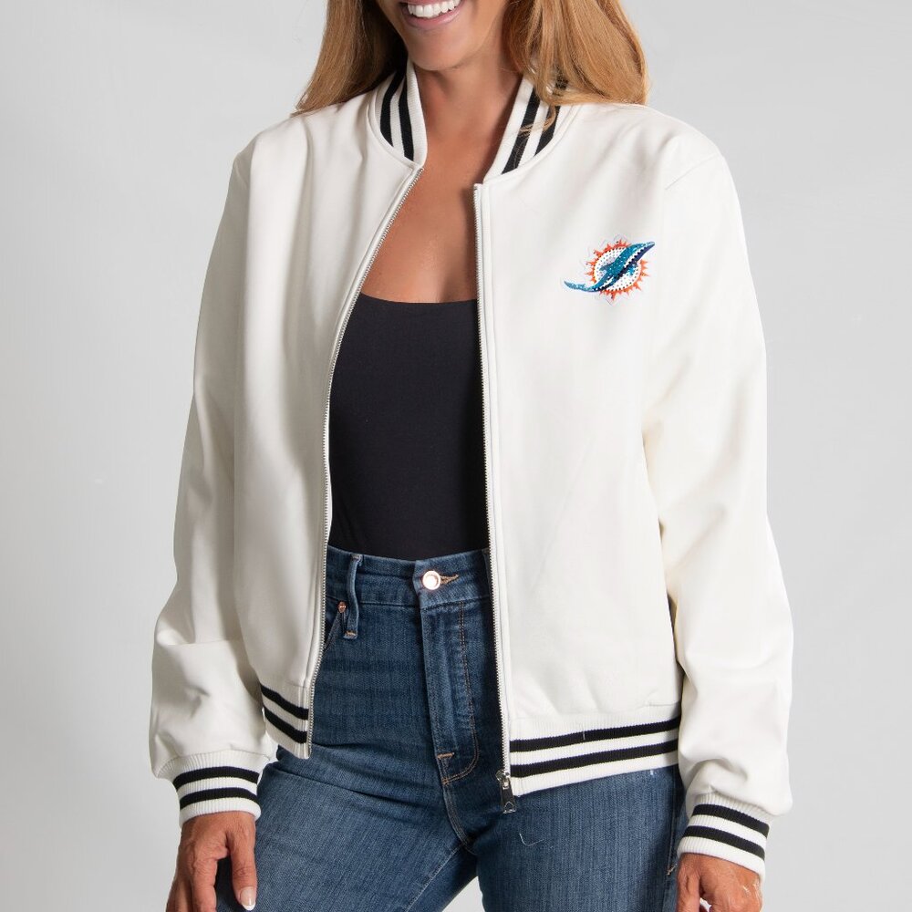 NFL Miami Dolphins White Vegan Leather Jacket